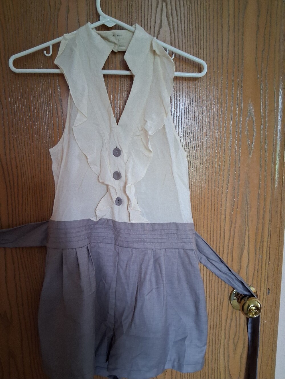 Women's Cream and Gray Ruffle Romper Dress